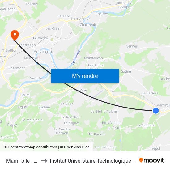 Mamirolle - Le Noret to Institut Universtaire Technologique Besançcon-Vesoul map