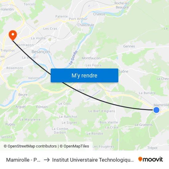 Mamirolle - Pont Rn 57 to Institut Universtaire Technologique Besançcon-Vesoul map