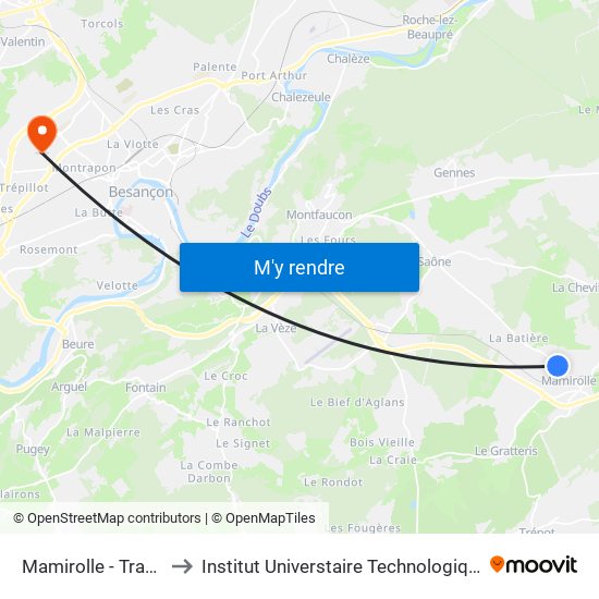 Mamirolle - Transformateur to Institut Universtaire Technologique Besançcon-Vesoul map