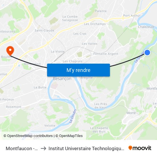 Montfaucon - Ruisseau to Institut Universtaire Technologique Besançcon-Vesoul map