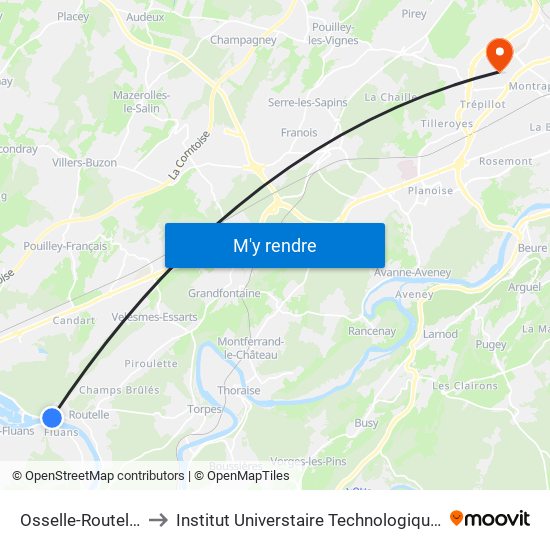 Osselle-Routelle - Moulin to Institut Universtaire Technologique Besançcon-Vesoul map