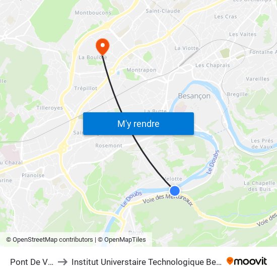 Pont De Velotte to Institut Universtaire Technologique Besançcon-Vesoul map