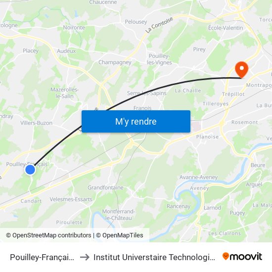 Pouilley-Français - Libération to Institut Universtaire Technologique Besançcon-Vesoul map