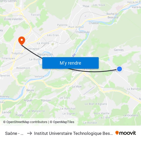 Saône - Etoile to Institut Universtaire Technologique Besançcon-Vesoul map
