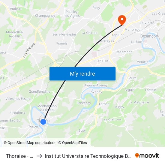 Thoraise - Village to Institut Universtaire Technologique Besançcon-Vesoul map