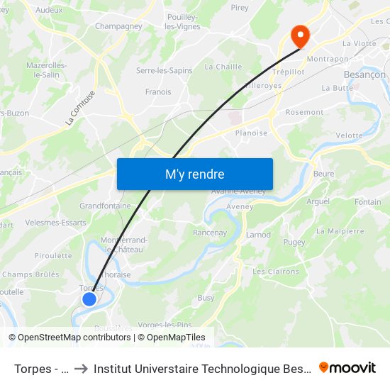 Torpes - Gare to Institut Universtaire Technologique Besançcon-Vesoul map