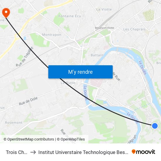 Trois Châtels to Institut Universtaire Technologique Besançcon-Vesoul map