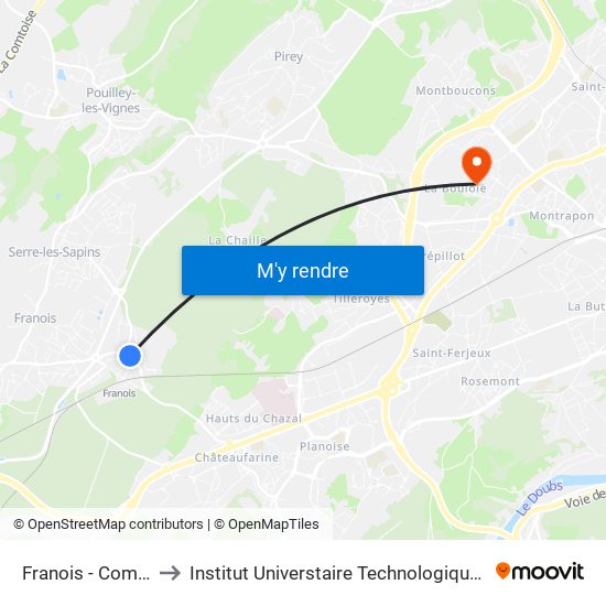 Franois - Combe Perrot to Institut Universtaire Technologique Besançcon-Vesoul map
