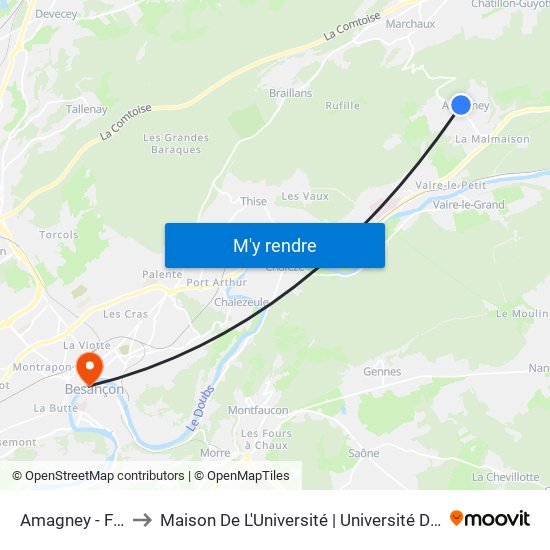 Amagney - Fontaine to Maison De L'Université | Université De Franche-Comté map