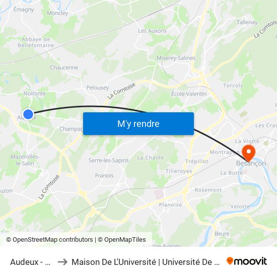 Audeux - Mairie to Maison De L'Université | Université De Franche-Comté map