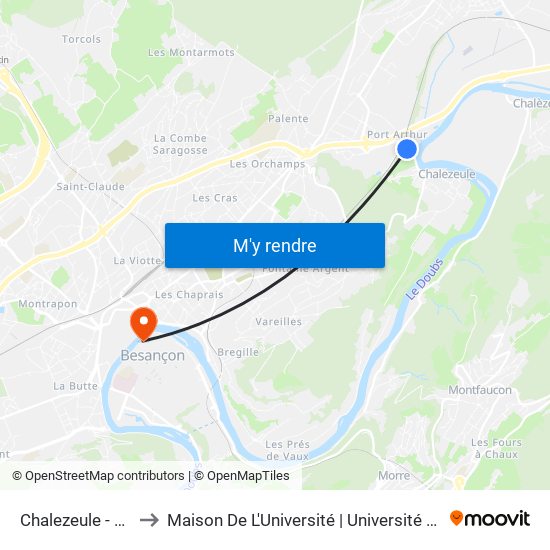 Chalezeule - Camping to Maison De L'Université | Université De Franche-Comté map
