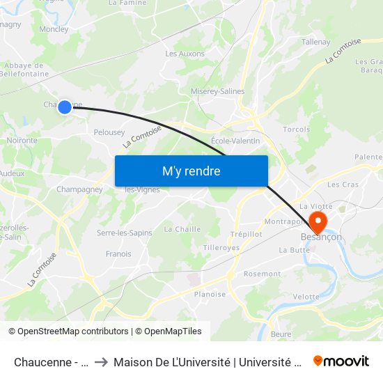 Chaucenne - Abribus to Maison De L'Université | Université De Franche-Comté map