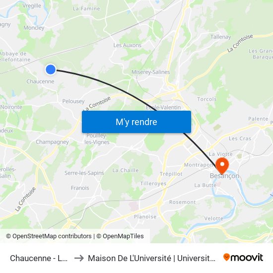 Chaucenne - Les Barrots to Maison De L'Université | Université De Franche-Comté map