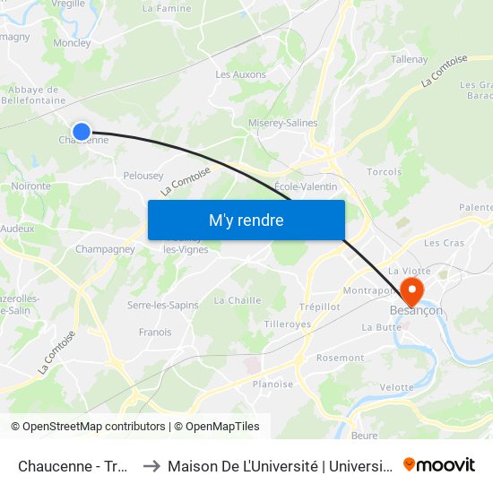Chaucenne - Trois Charmes to Maison De L'Université | Université De Franche-Comté map