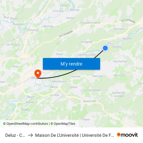 Deluz - Centre to Maison De L'Université | Université De Franche-Comté map