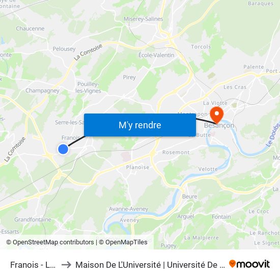 Franois - La Félie to Maison De L'Université | Université De Franche-Comté map