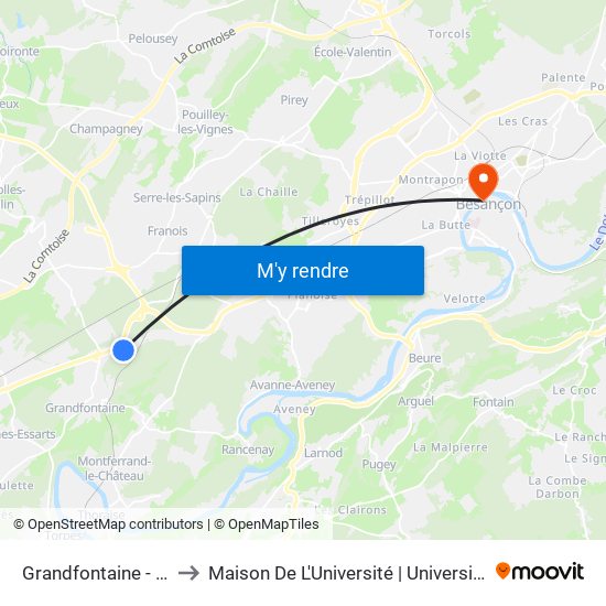 Grandfontaine - Croix Rouge to Maison De L'Université | Université De Franche-Comté map