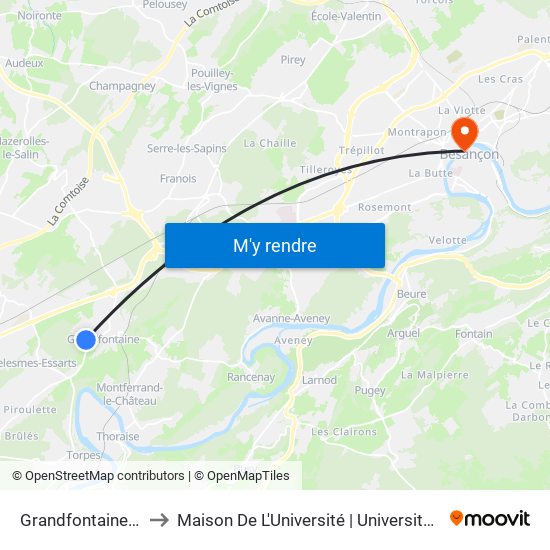 Grandfontaine - Graviers to Maison De L'Université | Université De Franche-Comté map