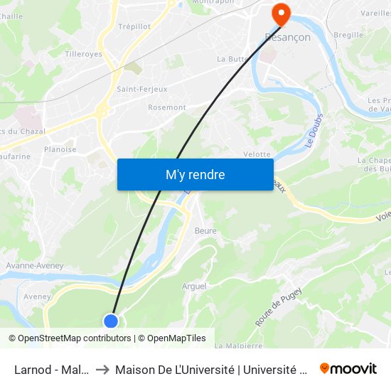Larnod - Maltournée to Maison De L'Université | Université De Franche-Comté map