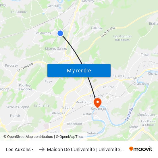 Les Auxons - Côteau to Maison De L'Université | Université De Franche-Comté map