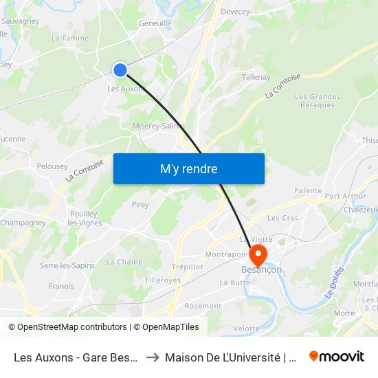 Les Auxons - Gare Besançon Franche-Comté Tgv to Maison De L'Université | Université De Franche-Comté map