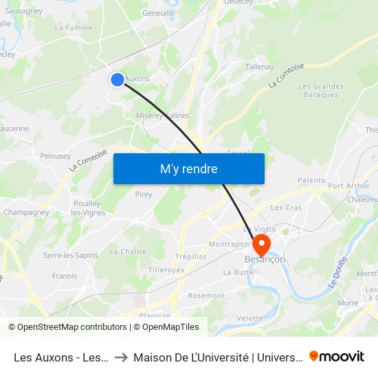 Les Auxons - Les Marronniers to Maison De L'Université | Université De Franche-Comté map