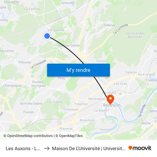 Les Auxons - Lotissement to Maison De L'Université | Université De Franche-Comté map