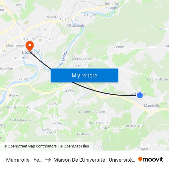 Mamirolle - Ferme Bulle to Maison De L'Université | Université De Franche-Comté map