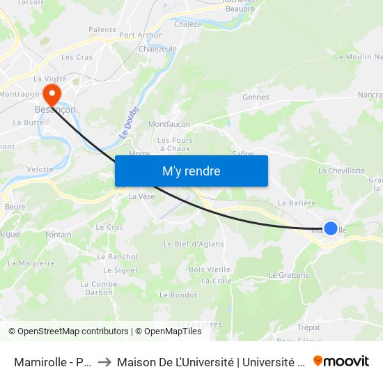 Mamirolle - Petit Pont to Maison De L'Université | Université De Franche-Comté map