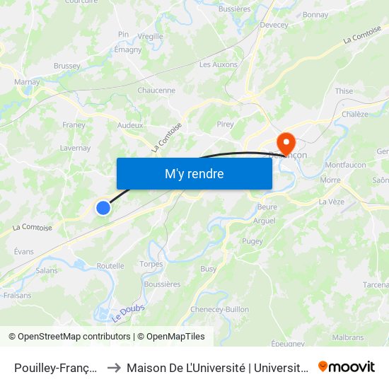 Pouilley-Français - Eglise to Maison De L'Université | Université De Franche-Comté map