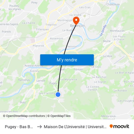 Pugey - Bas Bonnet Rond to Maison De L'Université | Université De Franche-Comté map