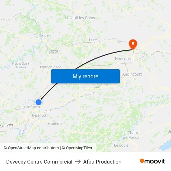 Devecey Centre Commercial to Afpa-Production map