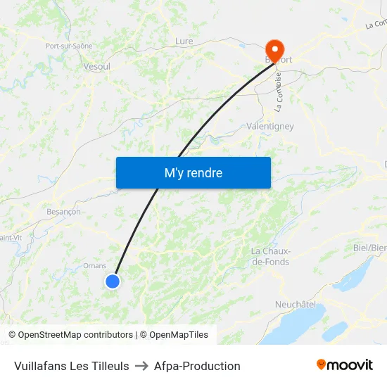 Vuillafans Les Tilleuls to Afpa-Production map