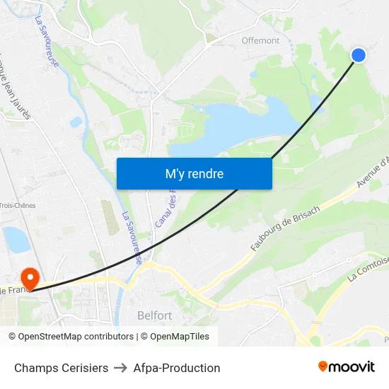 Champs Cerisiers to Afpa-Production map