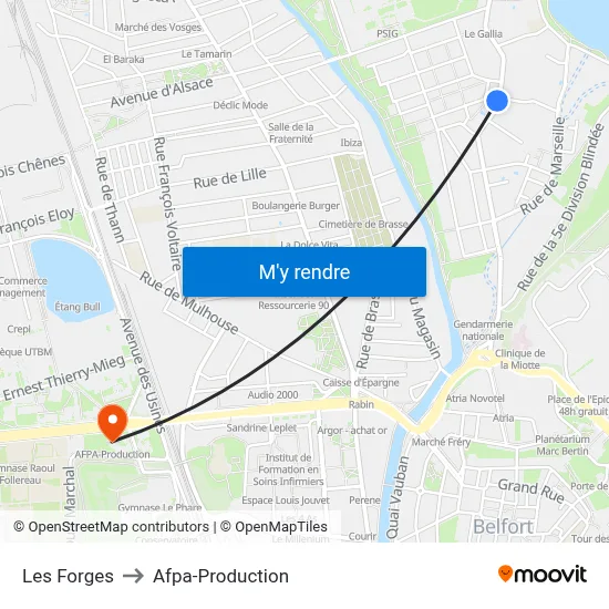 Les Forges to Afpa-Production map