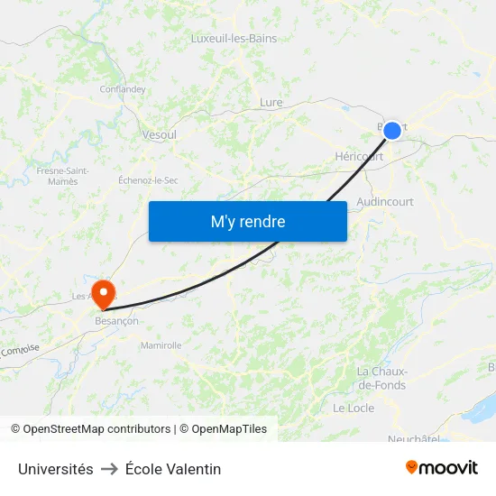 Universités to École Valentin map