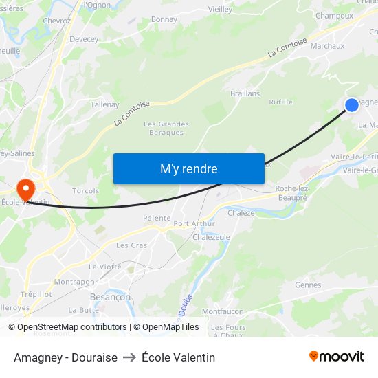 Amagney - Douraise to École Valentin map