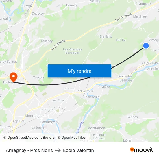 Amagney - Prés Noirs to École Valentin map