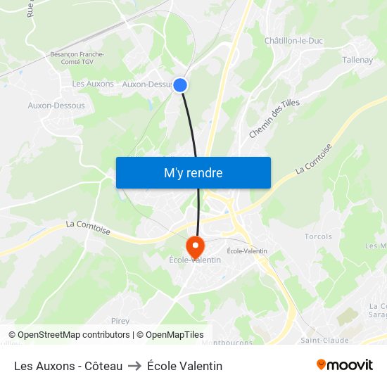 Les Auxons - Côteau to École Valentin map