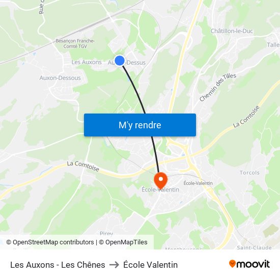 Les Auxons - Les Chênes to École Valentin map