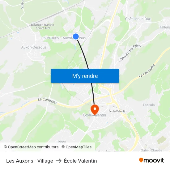 Les Auxons - Village to École Valentin map