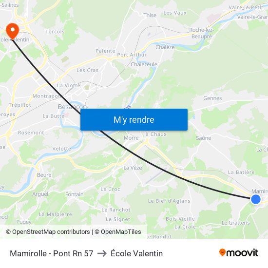 Mamirolle - Pont Rn 57 to École Valentin map