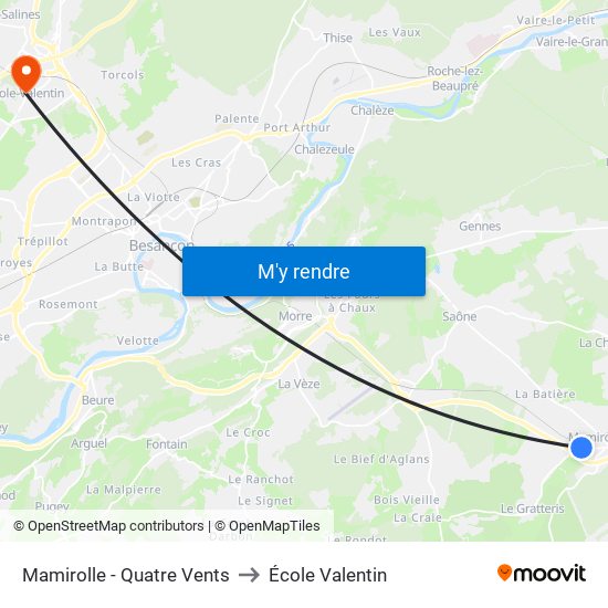 Mamirolle - Quatre Vents to École Valentin map