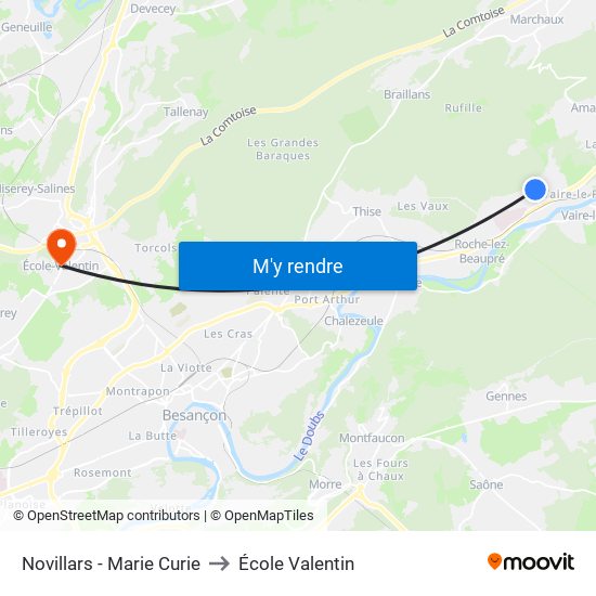 Novillars - Marie Curie to École Valentin map