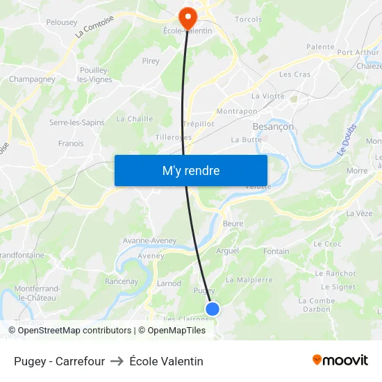 Pugey - Carrefour to École Valentin map