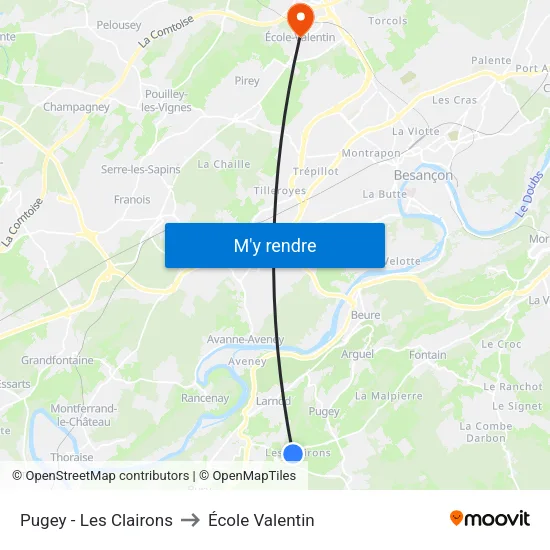 Pugey - Les Clairons to École Valentin map