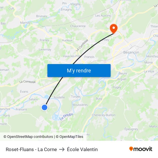 Roset-Fluans - La Corne to École Valentin map