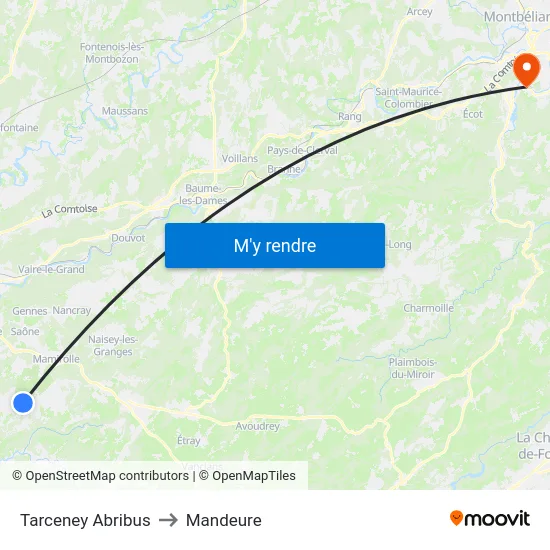 Tarceney Abribus to Mandeure map