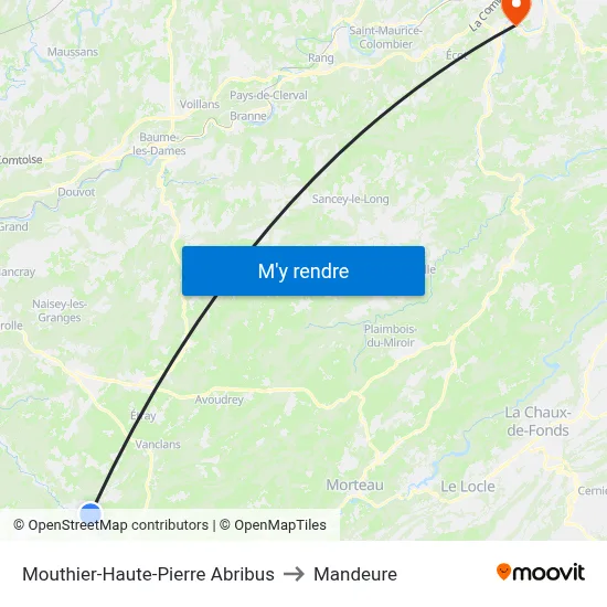 Mouthier-Haute-Pierre Abribus to Mandeure map