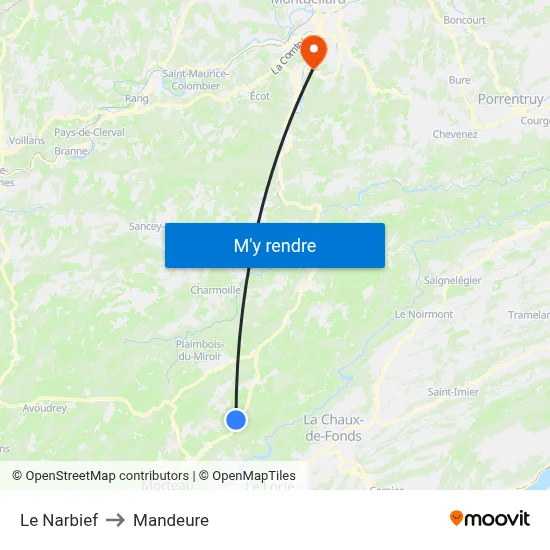 Le Narbief to Mandeure map